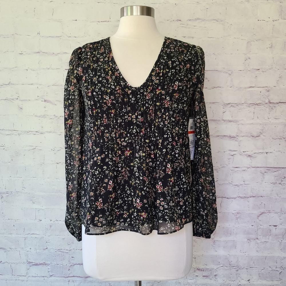 NWOT 1. State Black Autumnal Tones Floral V-Neck Long Sleeve Blouse XS
